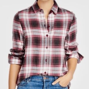 beachlunchlounge Women's XS Pink Plaid Button-Down Long Sleeve Collared Shirt